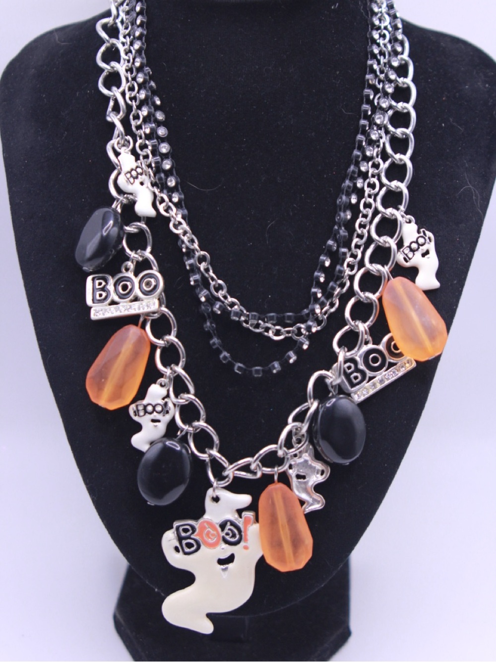 Festive Halloween layered Ghost Charm Multi-Strand Necklace - Black & Orange
